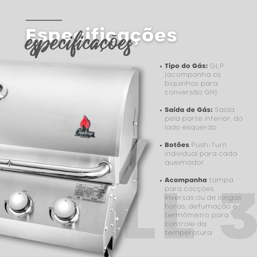 Churrasqueira Chaleur Grill Com 3 Queimadores A Gas De Bancada Embutir Bafo Aço Inox 430 Gás Grande De Espetinho Gourmet Para Frango Americana Churrasco