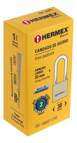 Candado De Hierro, 30mm, Gancho Largo, Caja, Hermex Basic
