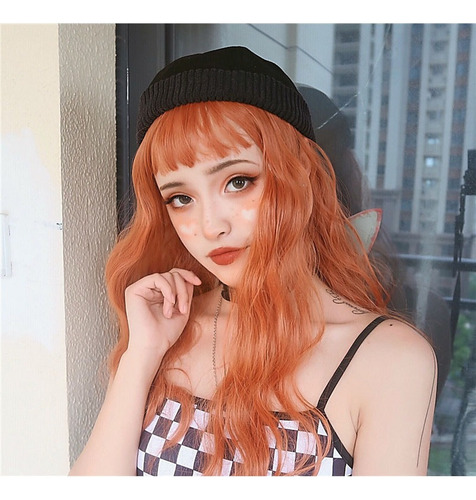 Peluca Naranja Ondulada Larga Para Mujer Con Flequillo