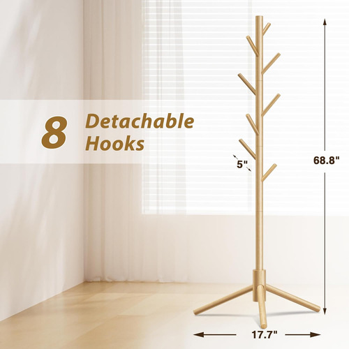 - Perchero De Madera 8 Ganchos, 3 Alturas Ajustables Ro...