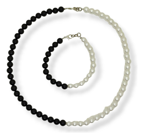 Conjunto Collar Pulsera Perlas Bicolor Blancas Y Negras 8mm