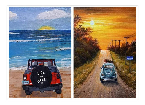 2 Set Pintura De Diamantes Coche, Campo, Carretera, Playa