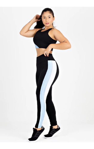  Cropped + Calça Legging Preto Conjunto Metamorfose Azul