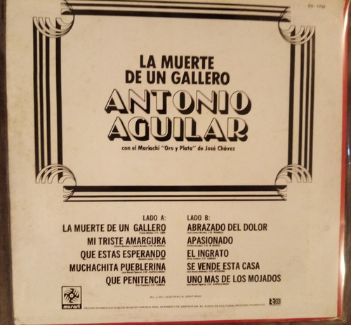 2 Lp´s De Antonio Aguilar La Muerte De Un Gallero Y Corrid (Usado)