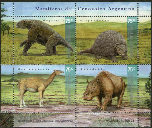 Argentina Bloc X 4 Sellos Mint Fauna = Mamíferos Del Cenozoico: Megaterio, Cliptodonte, Toxodonte Año 2001 