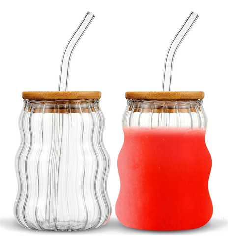 Vasos De Vidrio Acanalados Vawolecy Con Pajitas Y Tapas, 2 V
