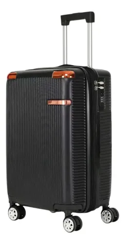 Mala de viagem preta de bordo com design de listras verticais e detalhes em cobre