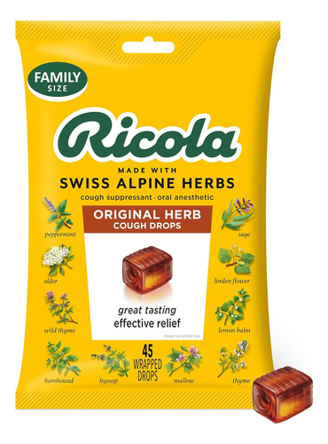 Dulce Ricola Swiss Alpine Herbs Original (45/paquete) 221.97gr - Tos y Dolor de Garganta