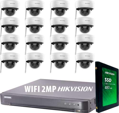 Kit Seguridad Hikvision Dvr 16 Ch+ 16 Camaras Wifi 2mp Disco