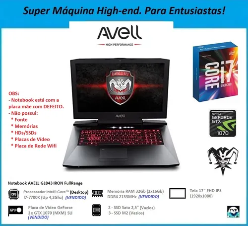 comprar Notebook Gamer Top Avell I7 Mxm Gtx 1070 Sli Gsync (defeito)