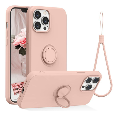 Funda Para iPhone 13 Pro Max Silicona Rosa + Anillo Y Tira