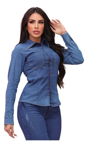 Camisa jeans slim feminina sales