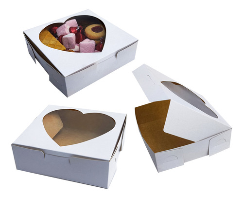 25 Cajas Blanca 15x15x5 Cms Con Ventana Corazon Mod 1961 Corazón Armado De 1 Solo Paso Cierre Pestaña