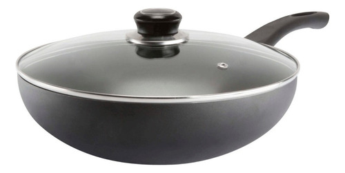 Sarten Wok 26cm Record Antiadherente Con Tapa De Vidrio Color Negro