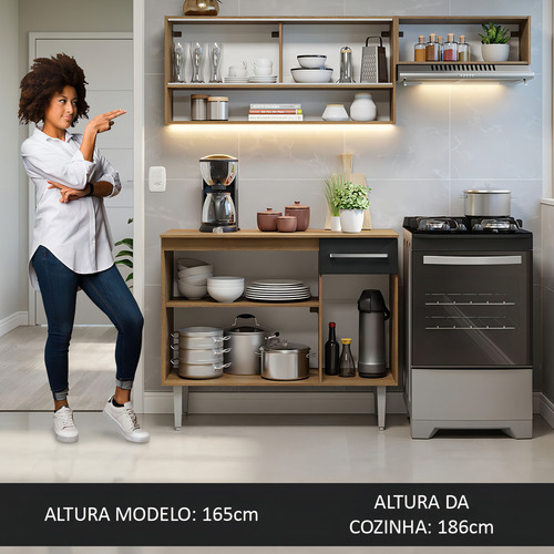 Armário De Cozinha Compacta 165cm Emilly Madesa Rp 02 Cor Rustic/Preto