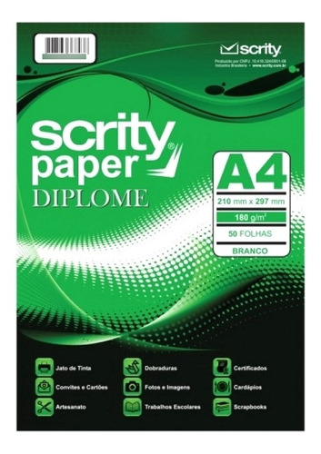 Papel Diplome 180g Branco Scrity Pacote C/ 50 Fls