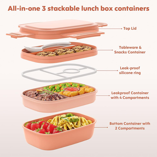Caja Bento Fiambrera Para Adultos, Envase De 3 Apilables...