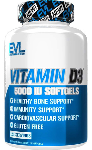 Vitamina D3 5000 UI 120 Cápsulas Gelatinosas Evolution Nutrition Sabor Sem Sabor