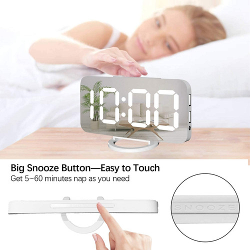 Reloj Despertador Digital, Pantalla Led Con Espejo Grande, N