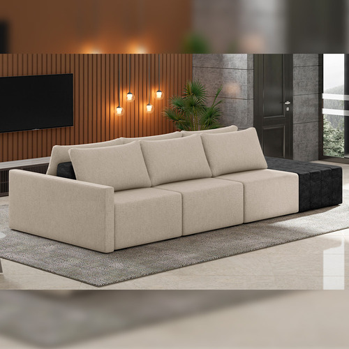 Sofá Ilha Modular Para Sala 312cm com Puff Dublin K01 Linho Bege e Sintético Preto