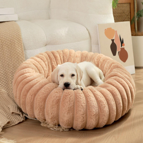 Cama Para Perros Con Almohada De Felpa Redonda Caqui 50cm