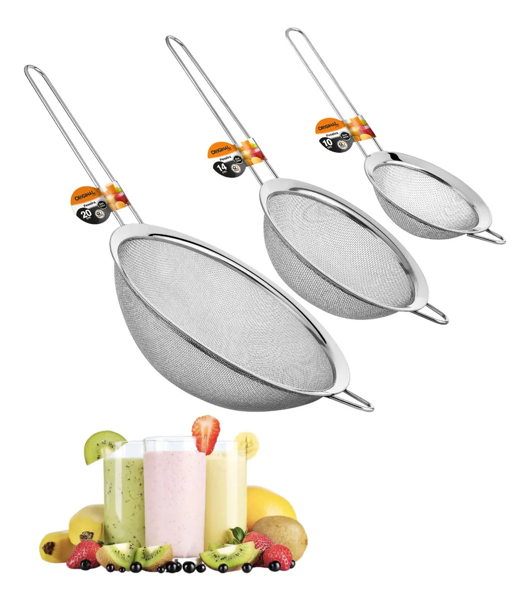 Kit 03 Peneira Coador Manual Em Aço Inox Cozinha 10-14-20cm