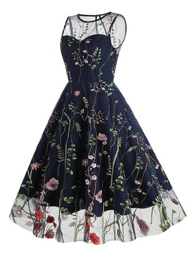 Vestido De Malla Floral Elegante Sin Mangas 50s