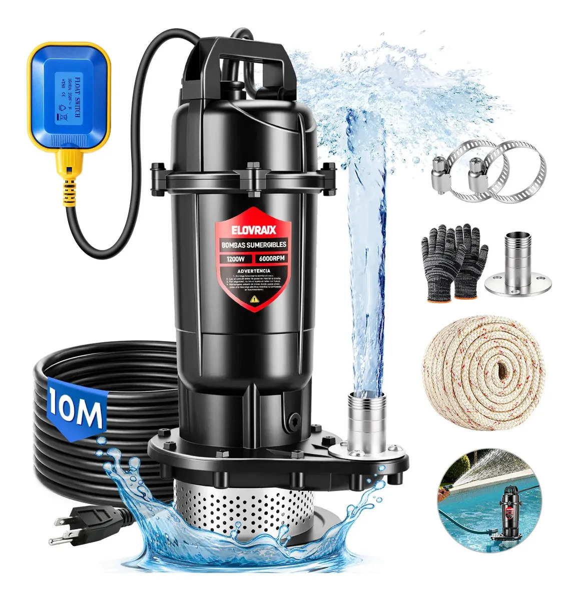 Bomba sumergible de metal ELOVRAIX 1200w 1.6hp Agua limpia y sucia, 280L/min, 45m, 10m Cable de energía, uso en el hogar y jardín, sistemas de riego, alta potencia, resistente