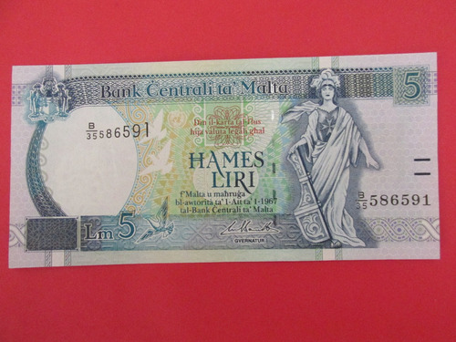Antiguo Billete Banco De Malta 5 Liras Año 1967 Muy Escaso.