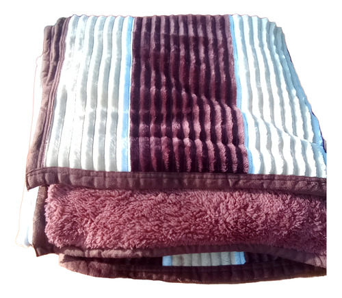 Frazada Edredon Acolchado Corderito 2 Plazas Plush Soft Marrón Rayas