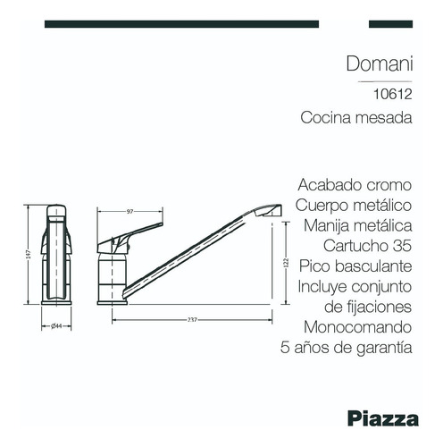 Imagen 2 de 5 de Griferia Monocomando Cocina Cromada Alta Domani Piazza 10616