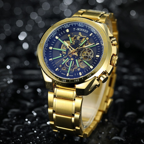 Imagen 6 de 10 de Reloj De Marca Winner Automático Hombre Skeleton Dorado