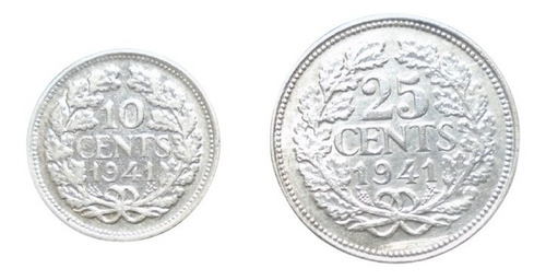 Set De 2 Monedas De Holanda 10 Y 25 Cents 1941 Plata 0.640 (Usado)