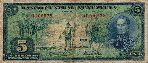 Billete 5 Bolívares 10 De Mayo 1966 Serial D7 Dieguito