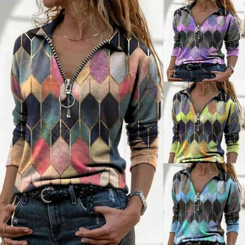 Blusa De Manga Larga Con Cremallera Y Estampado Geométrico