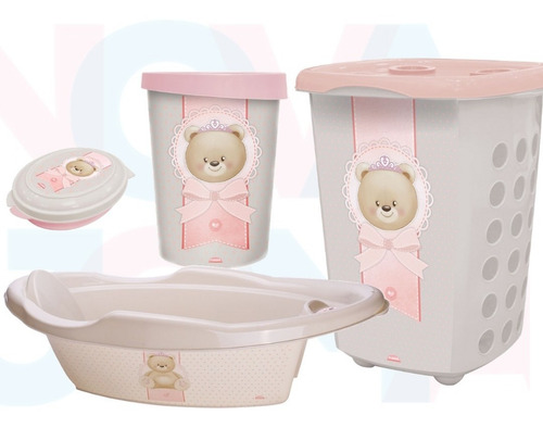 Kit Banho Saboneteira +lixeira + Banheira + Cesto Ursa Ted