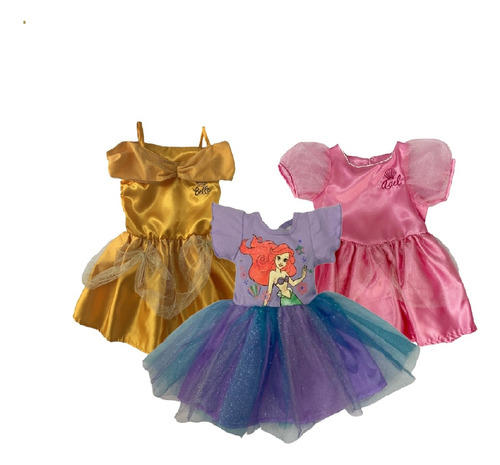 Kit 3 Vestidos Disney Princesas Bella, Sirenita, Ariel 