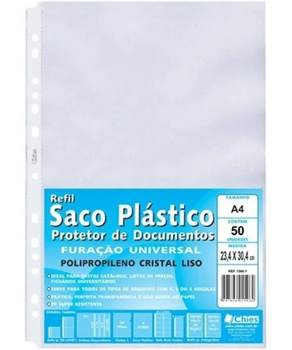 Saco Envelope Plástico Pp A4 Furação Universal C/tarja 50 Un