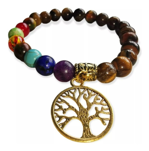 Pulsera Ojo De Tigre 7 Chakras Con Árbol De La Vida + Regalo