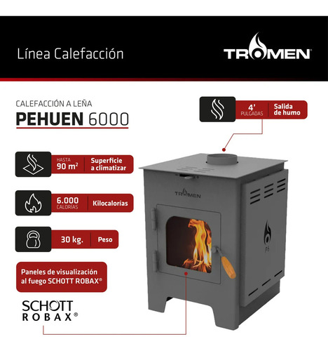 Estufa Tromen Leña Pehuen 6000 Doble Combustión Alcance 60m2