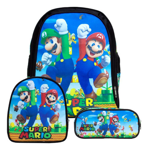 Mochila Infantil Masculina Super Mario Bros Lancheira Estojo