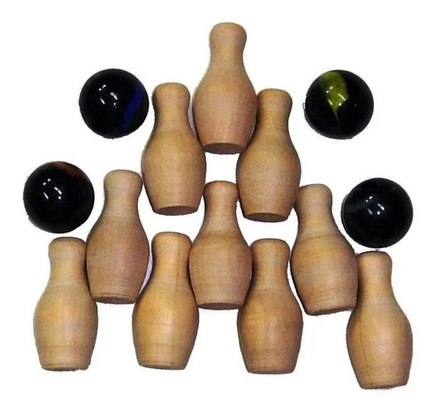 Imagen 7 de 10 de Minibowling Bolos 10 Pinos Y 4 Bolas 24mm Canica Caja Madera