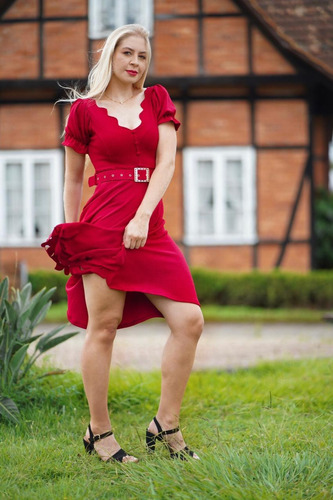 Imagem 1 de 1 de Vestido Midi Corte A Laser De Coração Gola V Manga Bufante