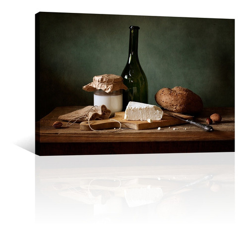 Cuadro Decorativo Bodegones Canvas Pan Queso Y Leche En Mesa