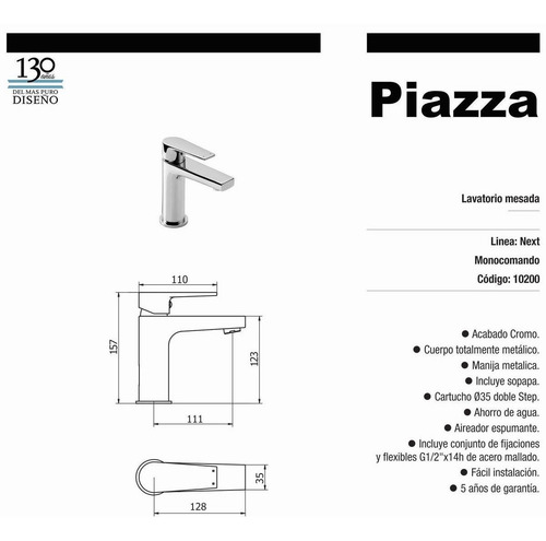 Imagen 2 de 7 de Griferia Lavatorio Next Piazza Bajo Monocomando P