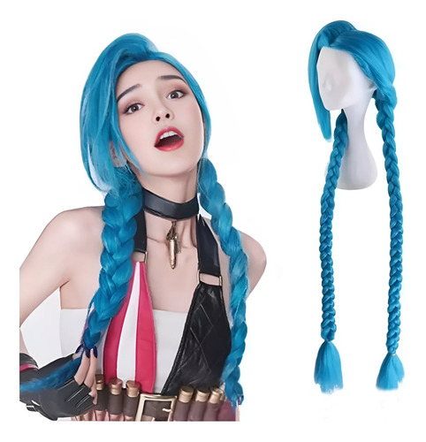 Jinx League Of Legends Cosplay Azul Peluca Larga