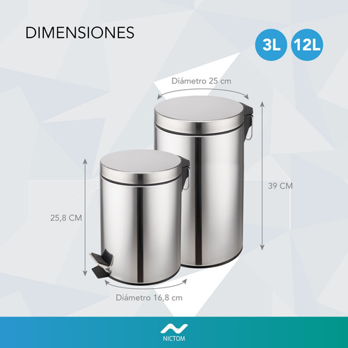 Set Tachos De Basura 3 Lts Y 12 Lts Acero Inoxidable Cestos