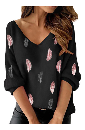 Blusa Tipo Túnica Con Cuello En V Y Manga Larga Con Estampad