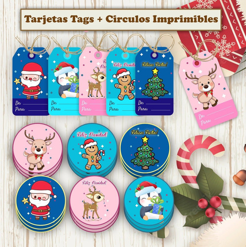 Kit Tarjetas Tags Circulos Topper Sticker Tarjetas Navidad 