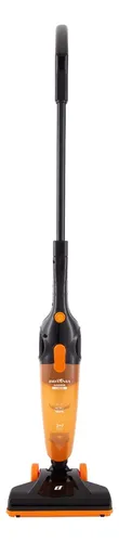 Aspirador de pó Britânia 2 em 1 na cor preta e laranja, em pé, visto de frente.